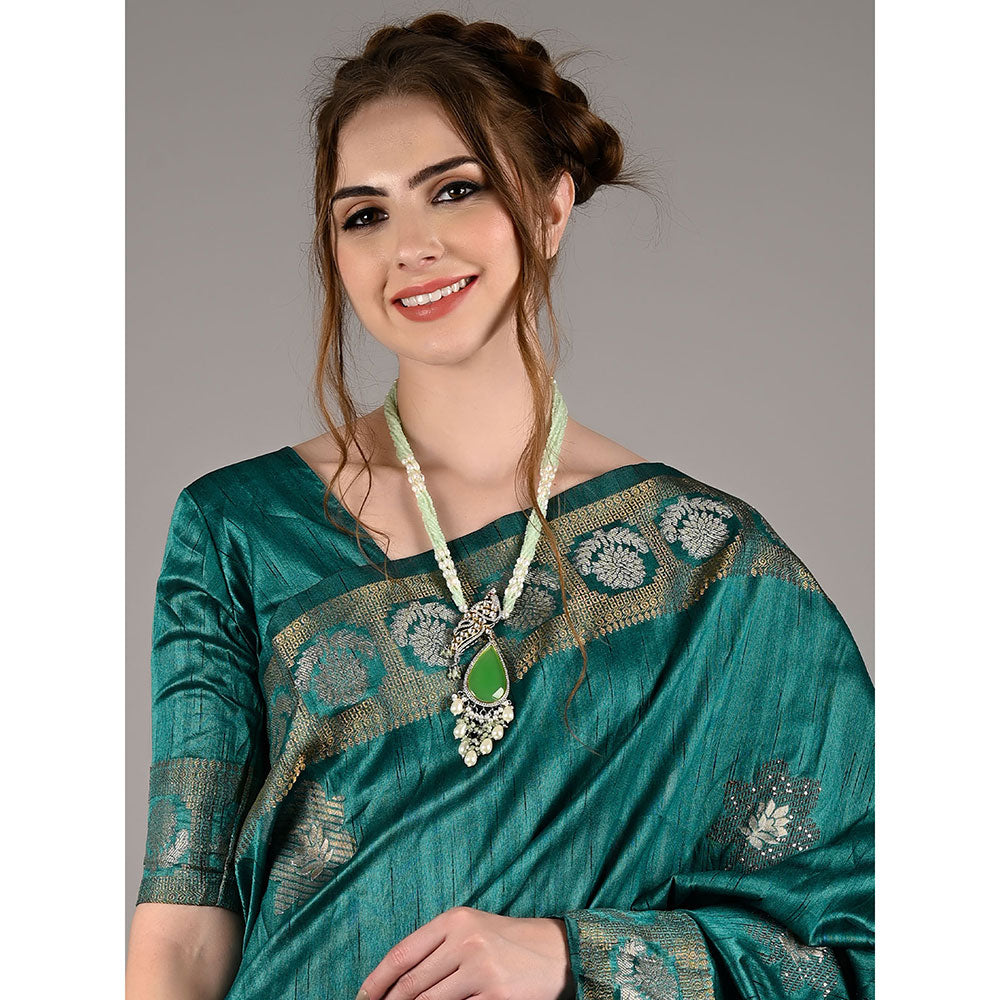 Odette Green Silk Blend Woven Saree with Unstitched Blouse