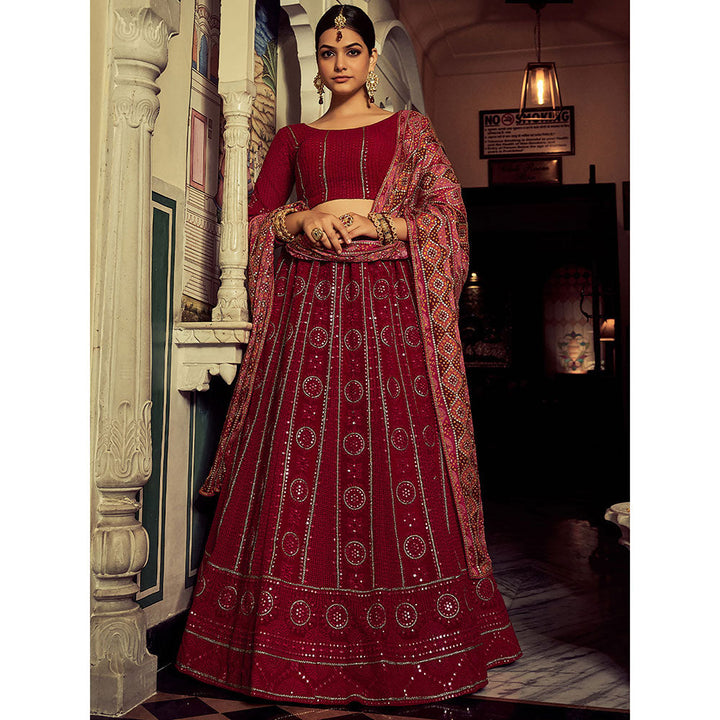 Odette Embroidered Maroon Georgette Semi Stitched Lehenga with Blouse Piece (Set of 3)