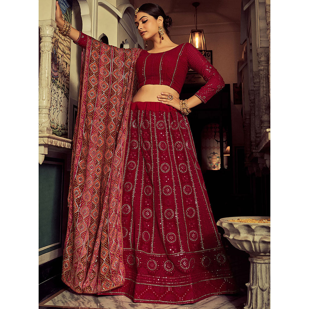 Odette Embroidered Maroon Georgette Semi Stitched Lehenga with Blouse Piece (Set of 3)