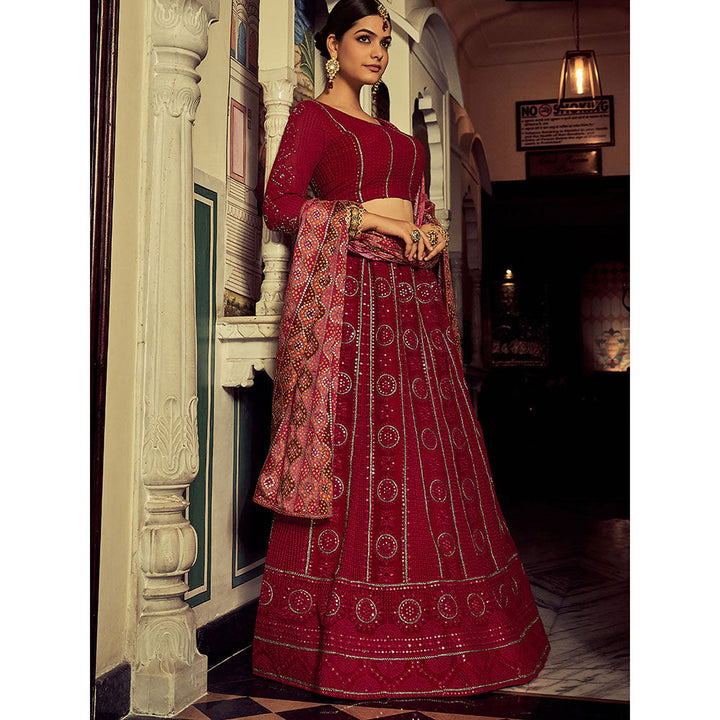 Odette Embroidered Maroon Georgette Semi Stitched Lehenga with Blouse Piece (Set of 3)