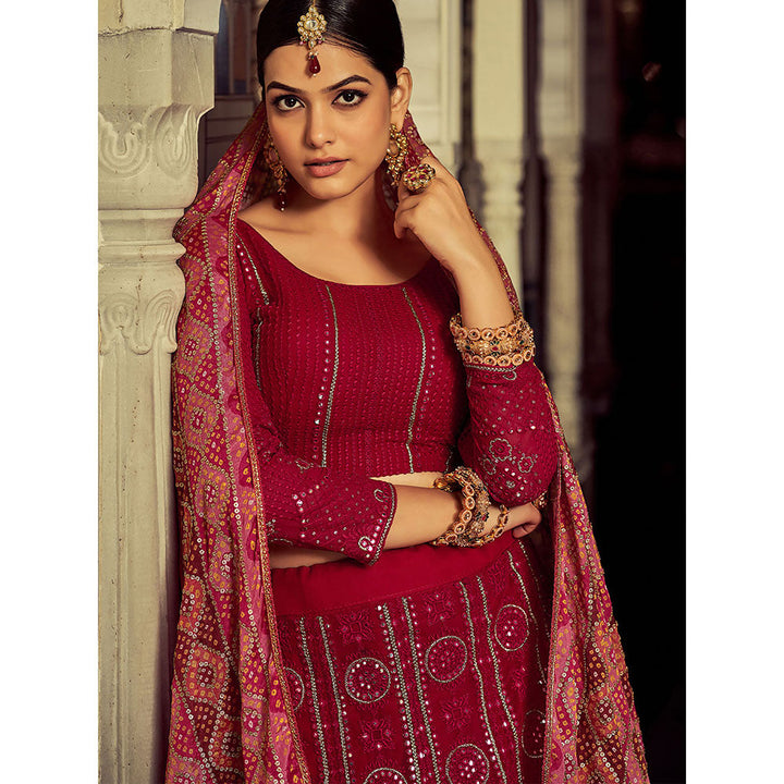 Odette Embroidered Maroon Georgette Semi Stitched Lehenga with Blouse Piece (Set of 3)