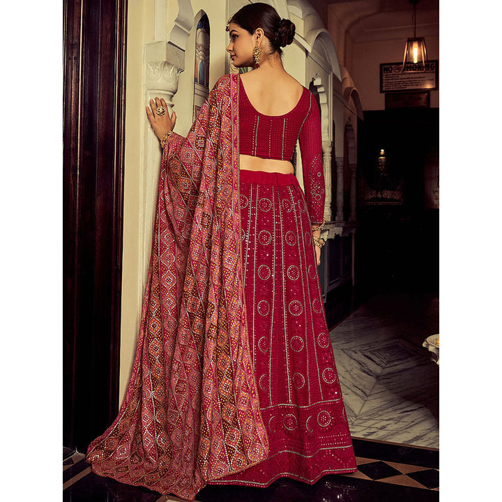 Odette Embroidered Maroon Georgette Semi Stitched Lehenga with Blouse Piece (Set of 3)