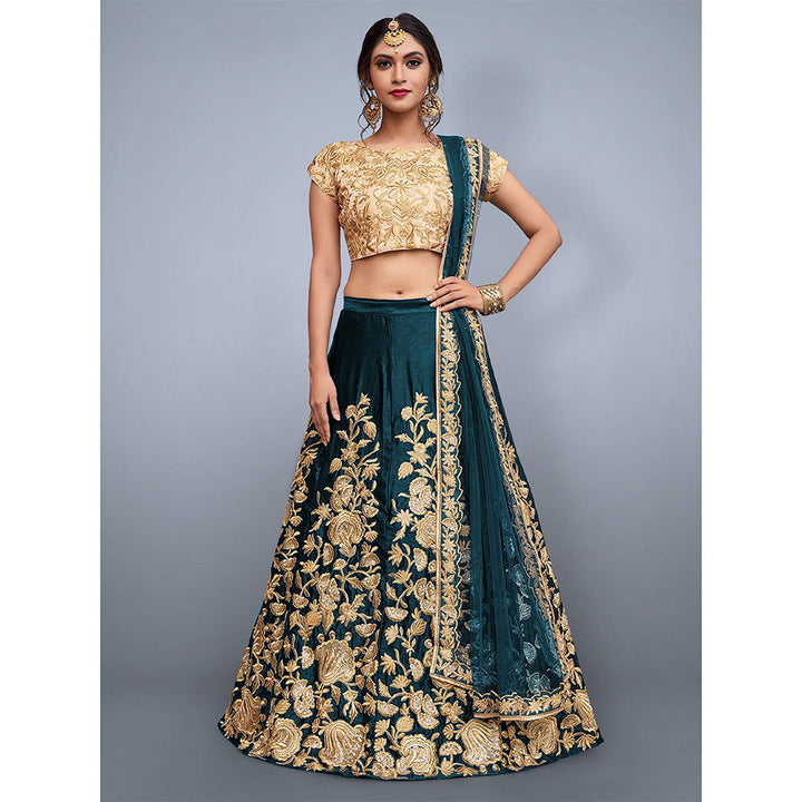 Odette Teal Embroidered Semi Stitched Lehenga with Unstitched Blouse (Set of 3)