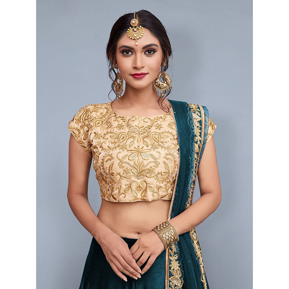 Odette Teal Embroidered Semi Stitched Lehenga with Unstitched Blouse (Set of 3)