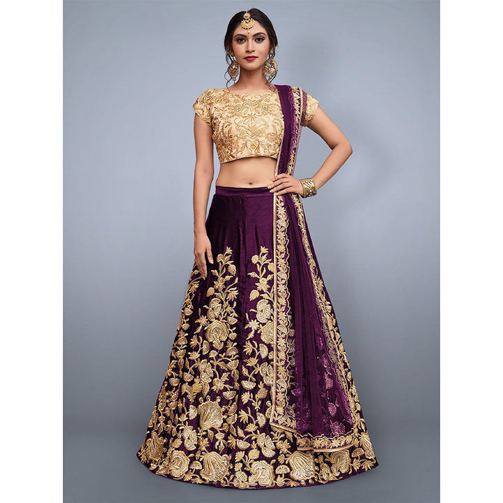 Odette Wine Embroidered Semi Stitched Lehenga with Unstitched Blouse (Set of 3)