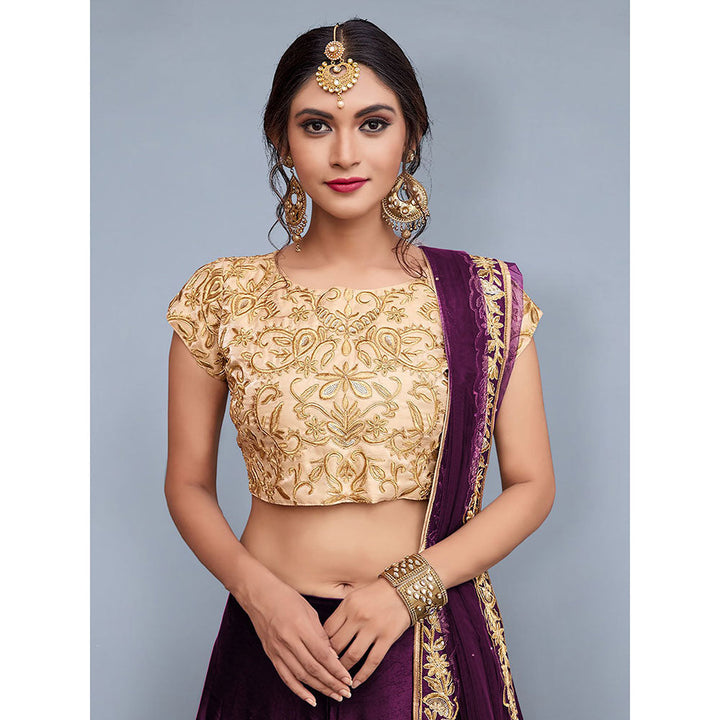 Odette Wine Embroidered Semi Stitched Lehenga with Unstitched Blouse (Set of 3)