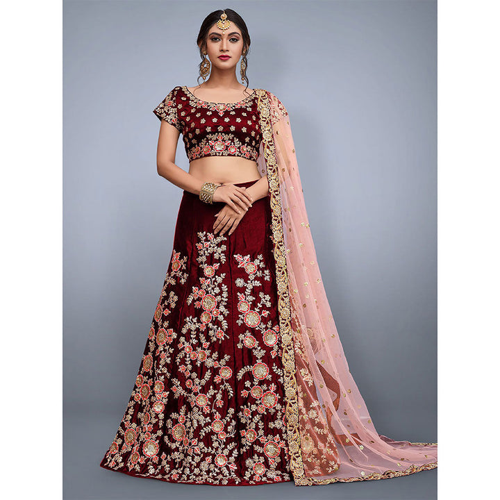 Odette Maroon Embroidered Semi Stitched Lehenga with Unstitched Blouse (Set of 3)