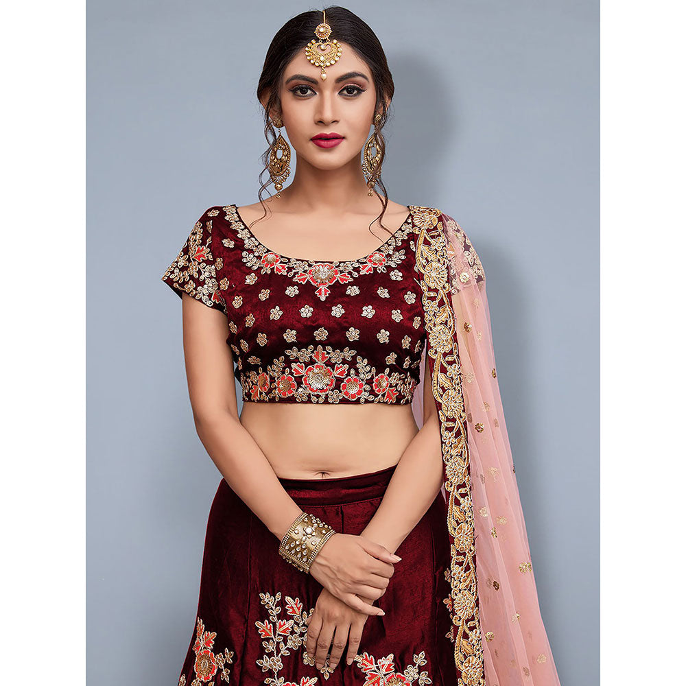 Odette Maroon Embroidered Semi Stitched Lehenga with Unstitched Blouse (Set of 3)