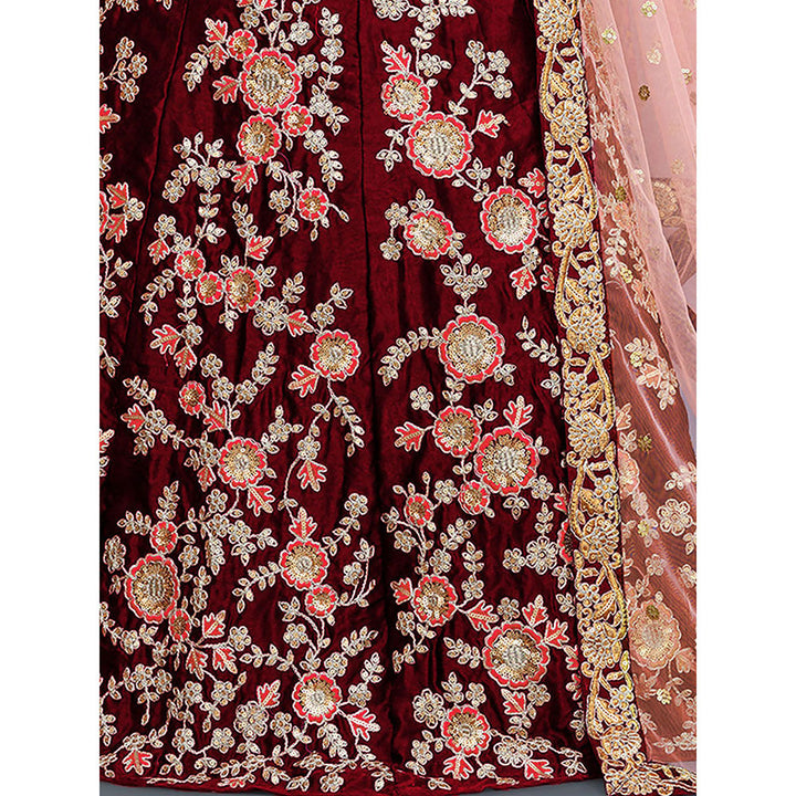 Odette Maroon Embroidered Semi Stitched Lehenga with Unstitched Blouse (Set of 3)