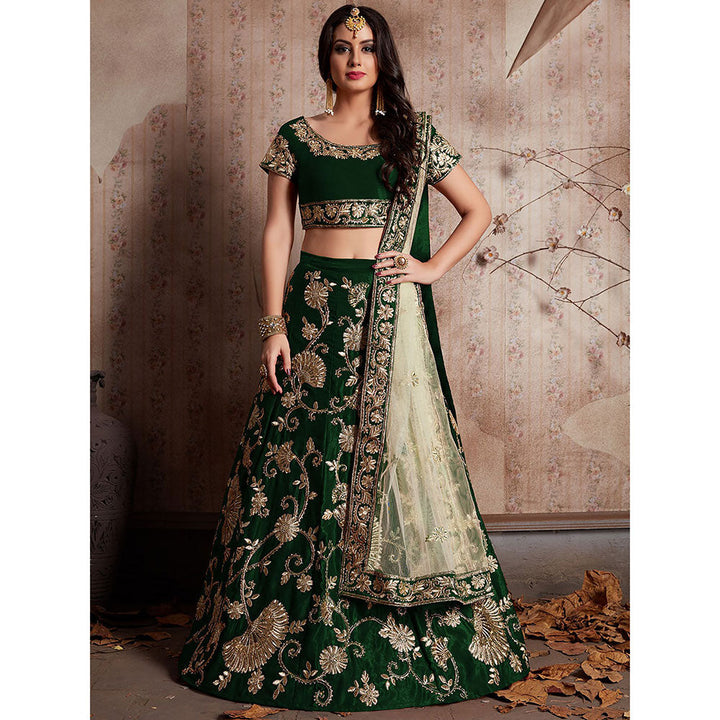 Odette Dark Green Embroidered Semi Stitched Lehenga with Unstitched Blouse (Set of 3)