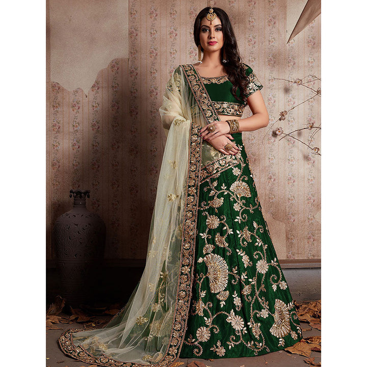 Odette Dark Green Embroidered Semi Stitched Lehenga with Unstitched Blouse (Set of 3)