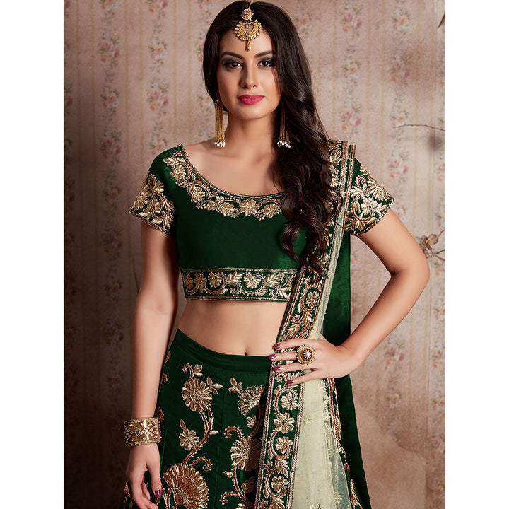 Odette Dark Green Embroidered Semi Stitched Lehenga with Unstitched Blouse (Set of 3)