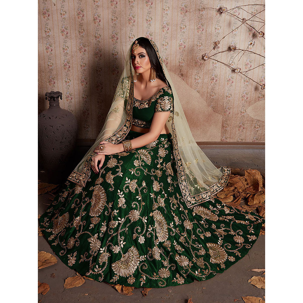 Odette Dark Green Embroidered Semi Stitched Lehenga with Unstitched Blouse (Set of 3)