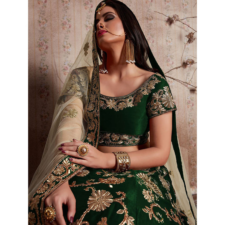 Odette Dark Green Embroidered Semi Stitched Lehenga with Unstitched Blouse (Set of 3)