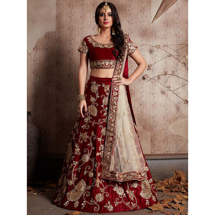 Odette Maroon Embroidered Semi Stitched Lehenga with Unstitched Blouse (Set of 3)