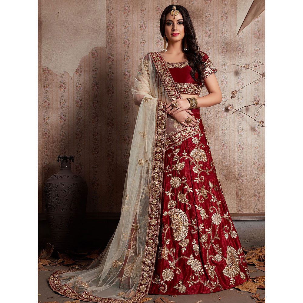 Odette Maroon Embroidered Semi Stitched Lehenga with Unstitched Blouse (Set of 3)