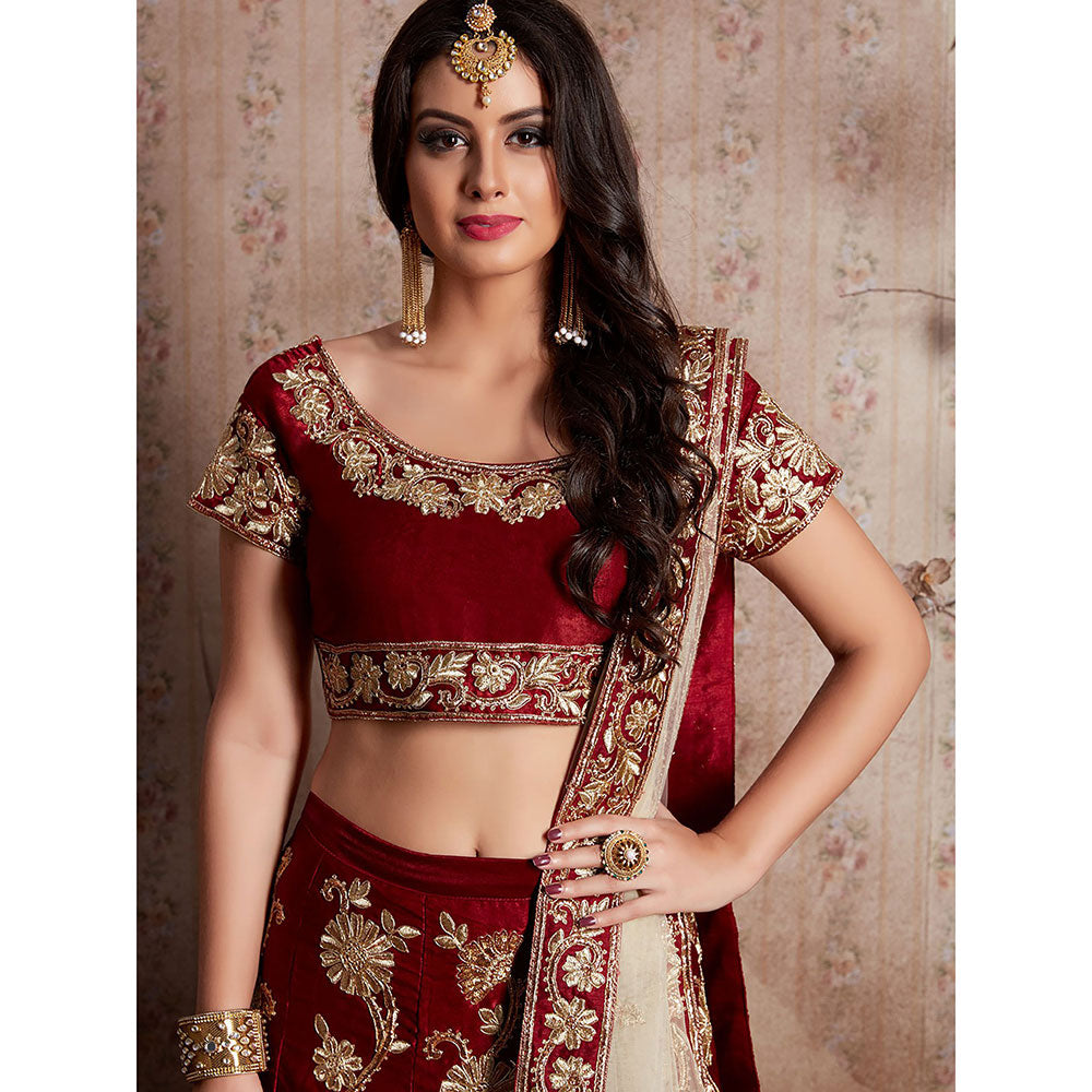 Odette Maroon Embroidered Semi Stitched Lehenga with Unstitched Blouse (Set of 3)