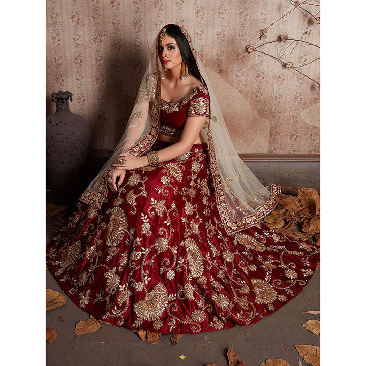 Odette Maroon Embroidered Semi Stitched Lehenga with Unstitched Blouse (Set of 3)