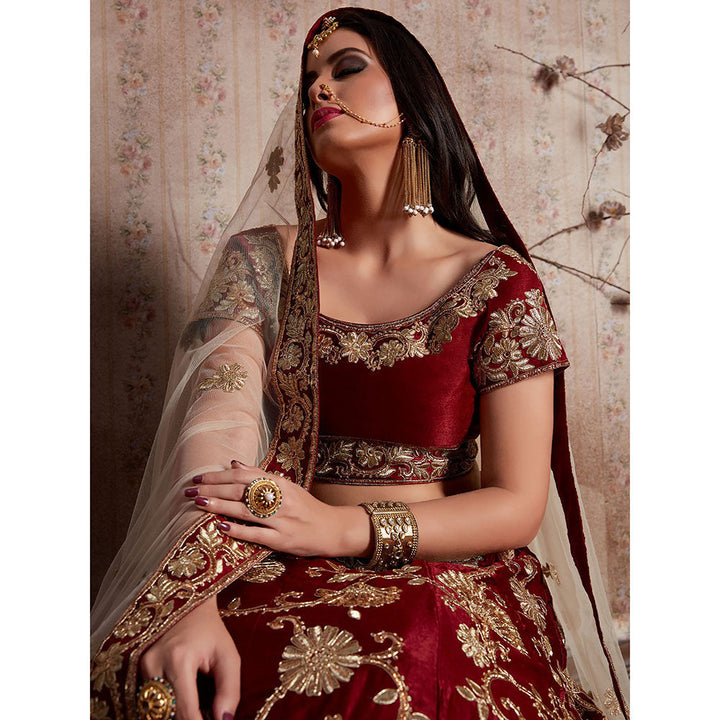 Odette Maroon Embroidered Semi Stitched Lehenga with Unstitched Blouse (Set of 3)