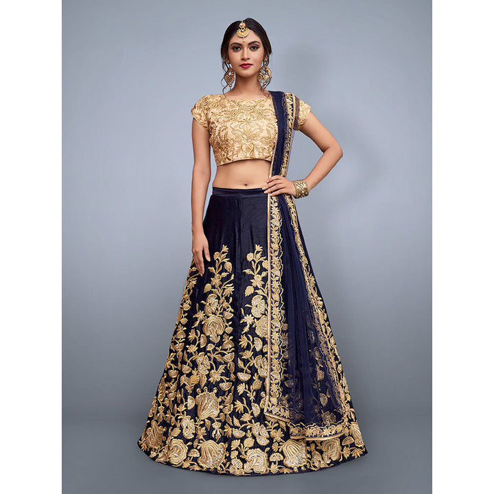 Odette Dark Blue Embroidered Art Silk Semi Stitched Lehenga with Unstitched Blouse (Set of 3)