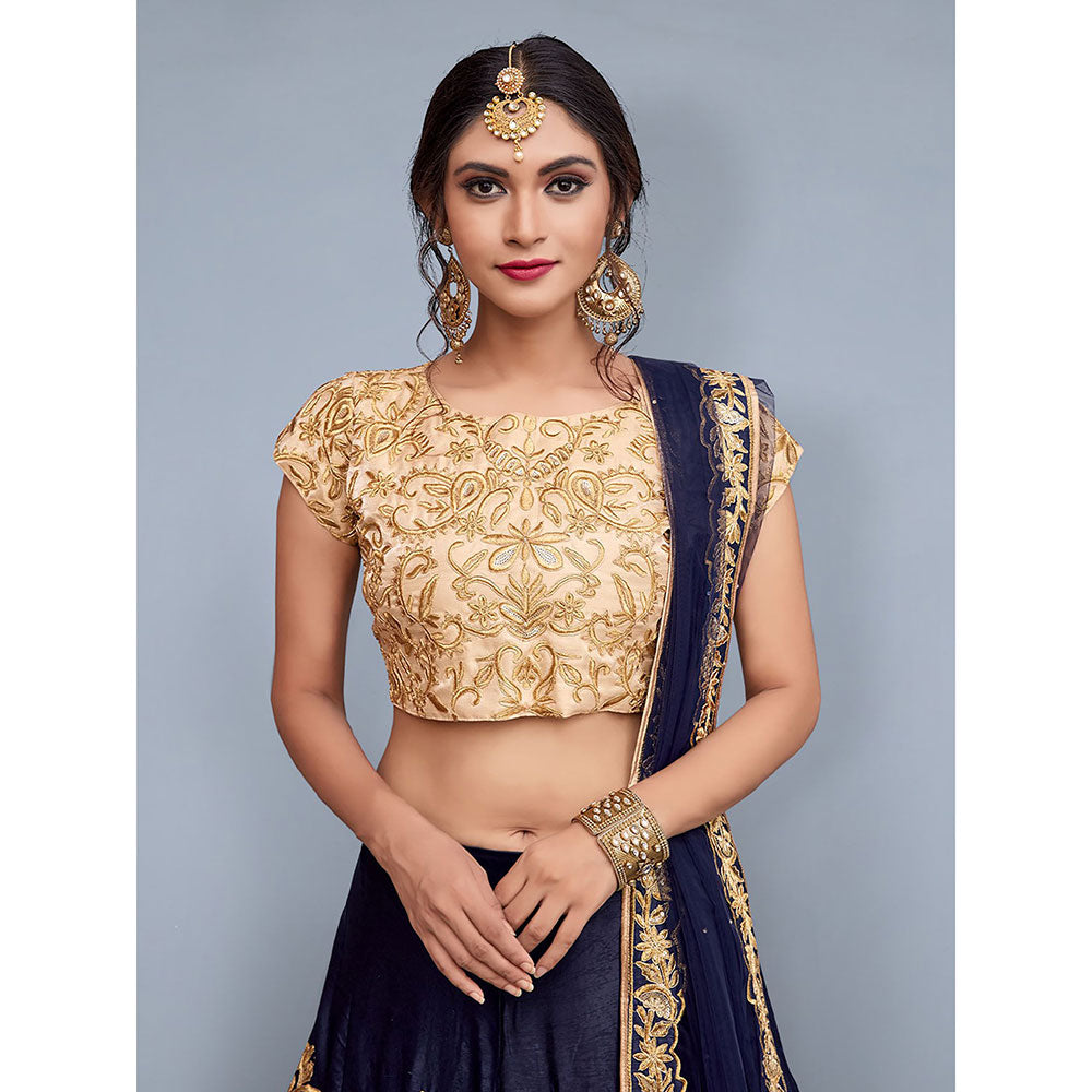 Odette Dark Blue Embroidered Art Silk Semi Stitched Lehenga with Unstitched Blouse (Set of 3)