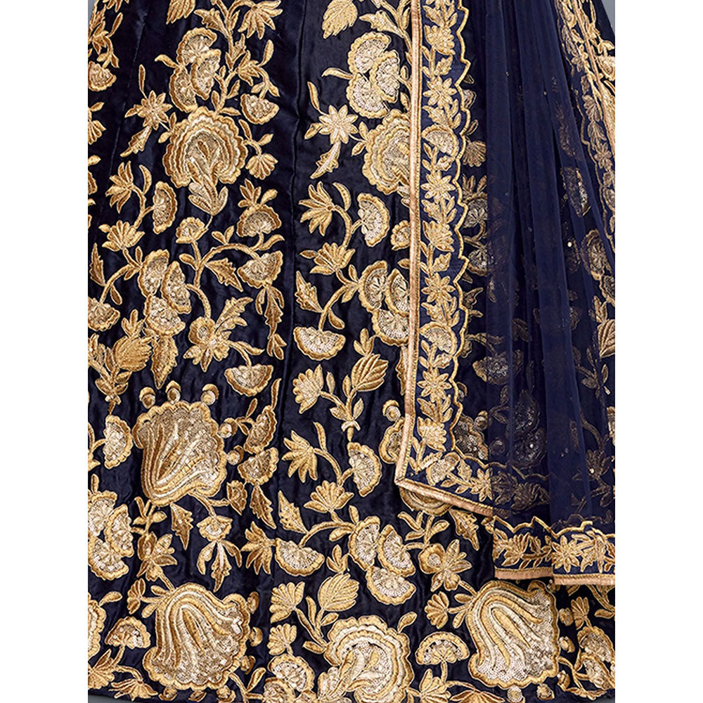 Odette Dark Blue Embroidered Art Silk Semi Stitched Lehenga with Unstitched Blouse (Set of 3)