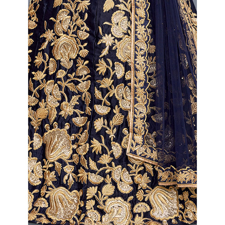 Odette Dark Blue Embroidered Art Silk Semi Stitched Lehenga with Unstitched Blouse (Set of 3)