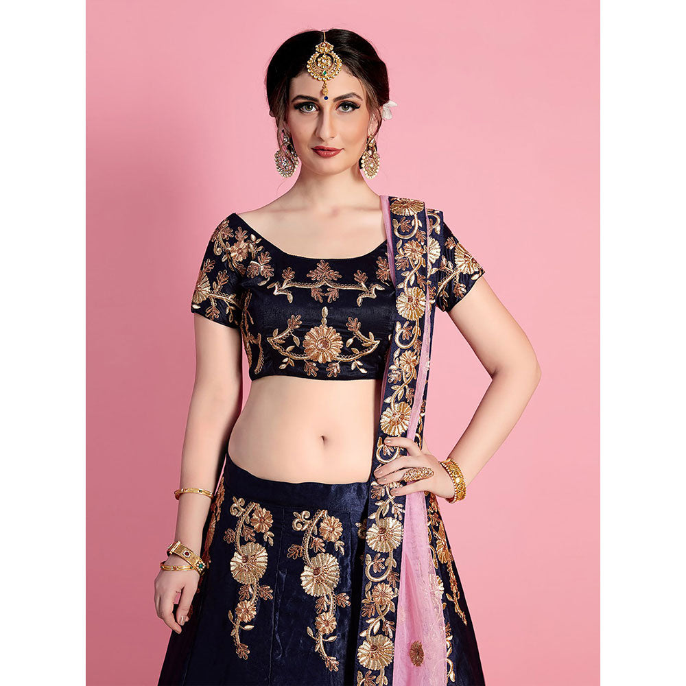 Odette Dark Blue Embroidered Velvet Silk Semi Stitched Lehenga with Unstitched Blouse (Set of 3)