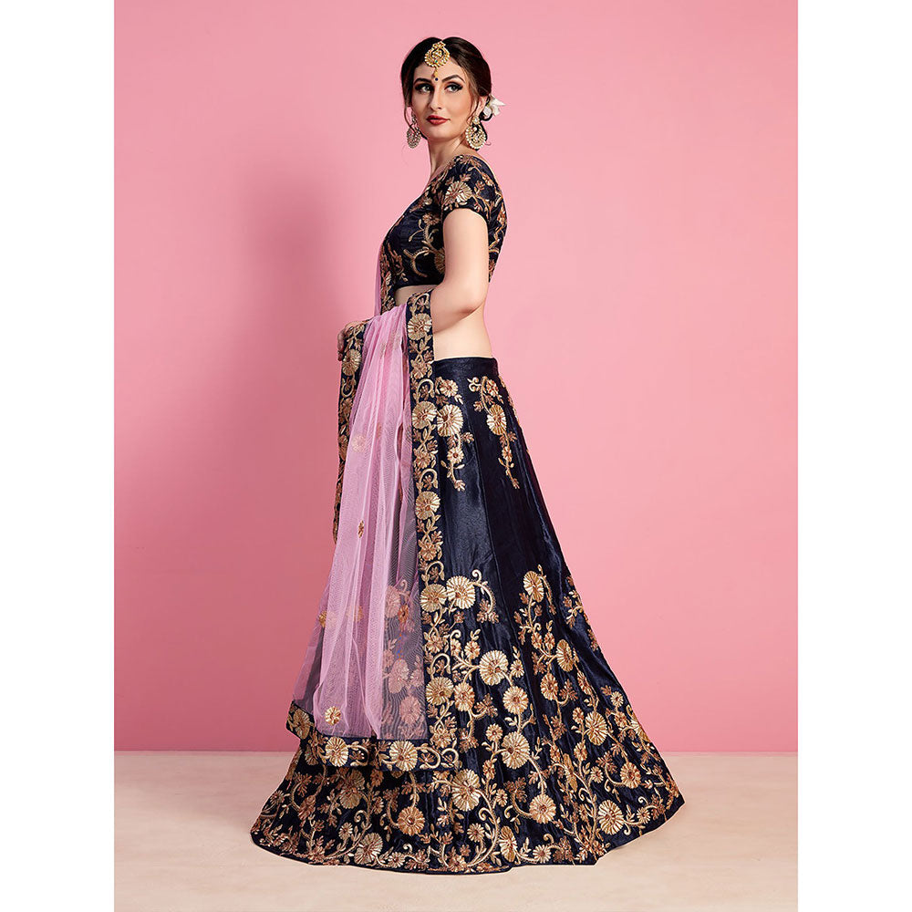 Odette Dark Blue Embroidered Velvet Silk Semi Stitched Lehenga with Unstitched Blouse (Set of 3)