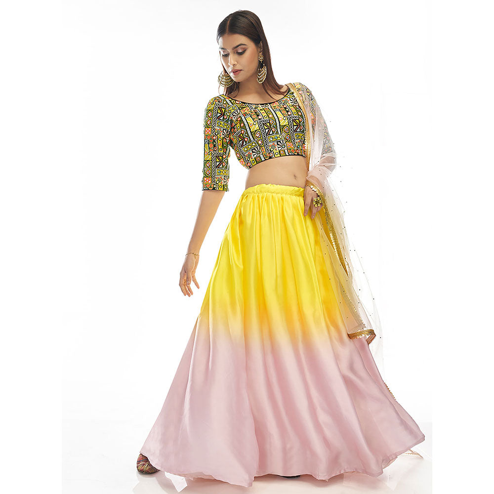 Odette Multicolored Embroidered Velvet Semi Stitched Lehenga with Unstitched Blouse (Set of 3)