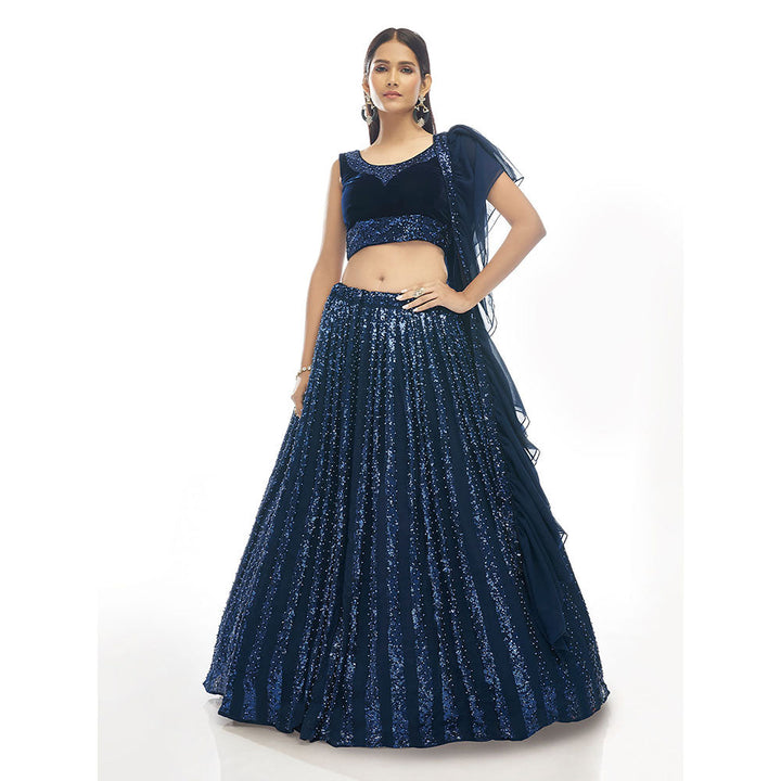 Odette Teal Embroidered Velvet Semi Stitched Lehenga with Unstitched Blouse (Set of 3)