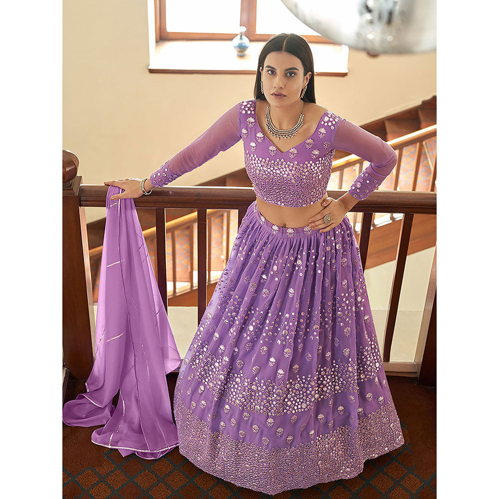 Odette Lavender Georgette Semi Stitched Lehenga with Unstitched Blouse (Set of 3)