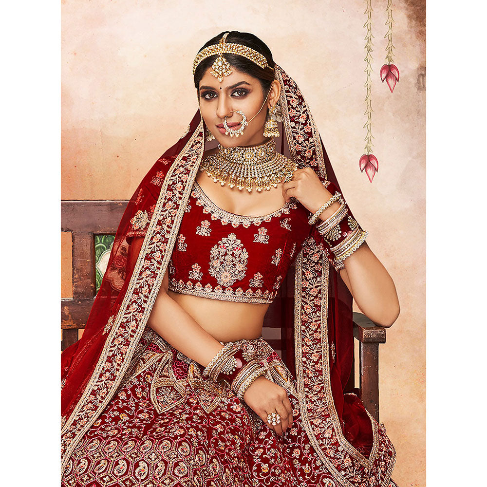 Odette Maroon Embroidered Velvet Semi Stitched Lehenga with Unstitched Blouse (Set of 3)