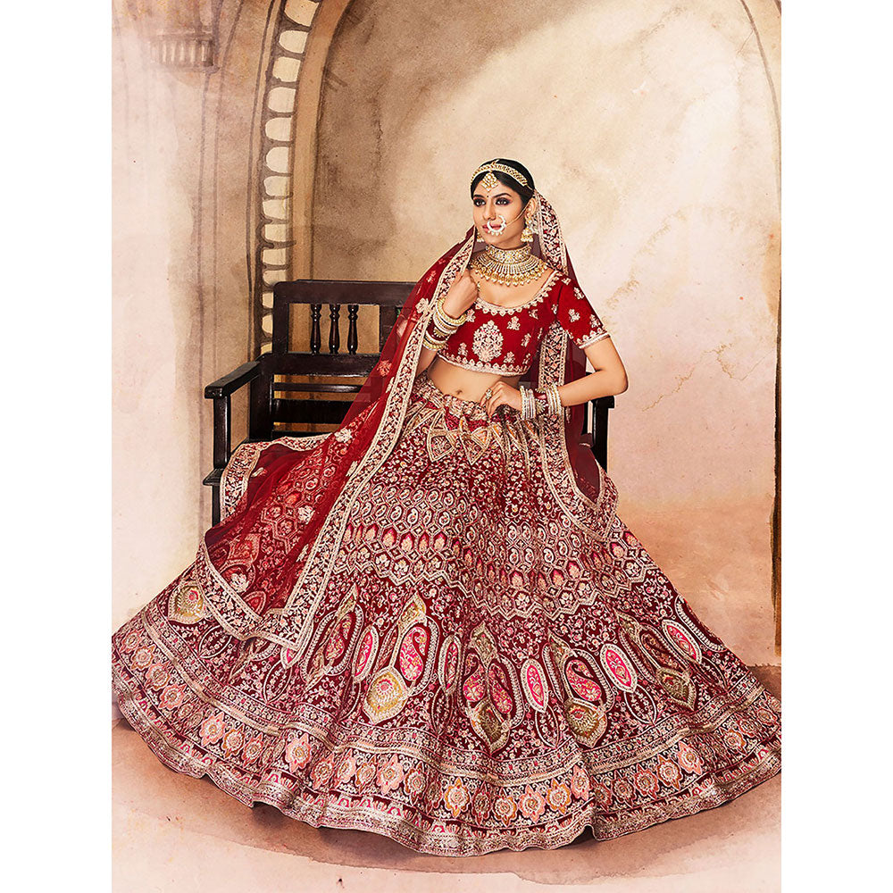 Odette Maroon Embroidered Velvet Semi Stitched Lehenga with Unstitched Blouse (Set of 3)