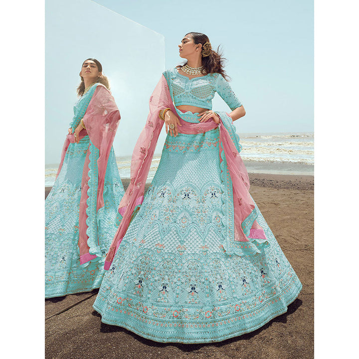 Odette Light Blue Embroidered Georgette Semi Stitched Lehenga with Unstitched Blouse (Set of 3)