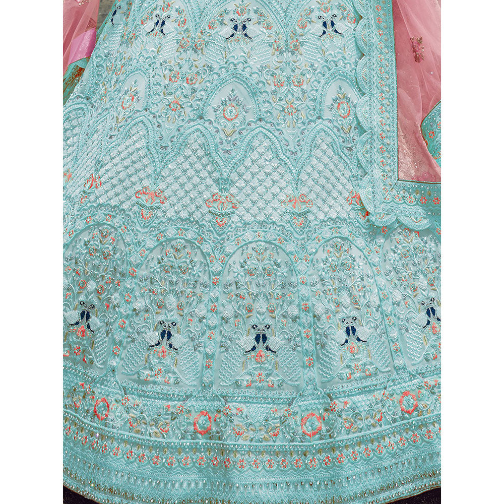 Odette Light Blue Embroidered Georgette Semi Stitched Lehenga with Unstitched Blouse (Set of 3)