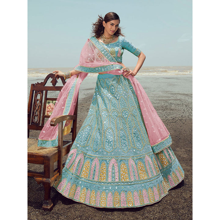 Odette Light Blue Georgette Semi Stitched Lehenga with Unstitched Blouse (Set of 3)