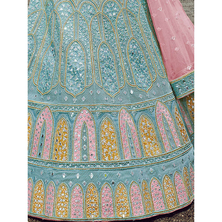 Odette Light Blue Georgette Semi Stitched Lehenga with Unstitched Blouse (Set of 3)