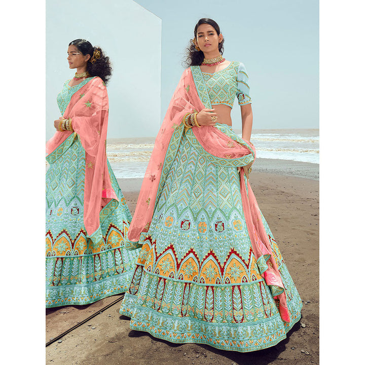 Odette Light Blue Georgette Semi Stitched Lehenga with Unstitched Blouse (Set of 3)