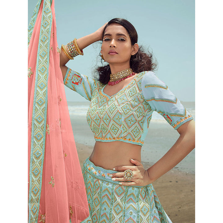 Odette Light Blue Georgette Semi Stitched Lehenga with Unstitched Blouse (Set of 3)