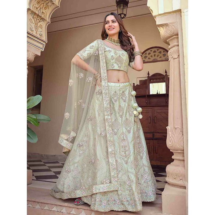 Odette Green Crepe Embroidered Semi Stitched Lehenga with Unstitched Blouse (Set of 3)