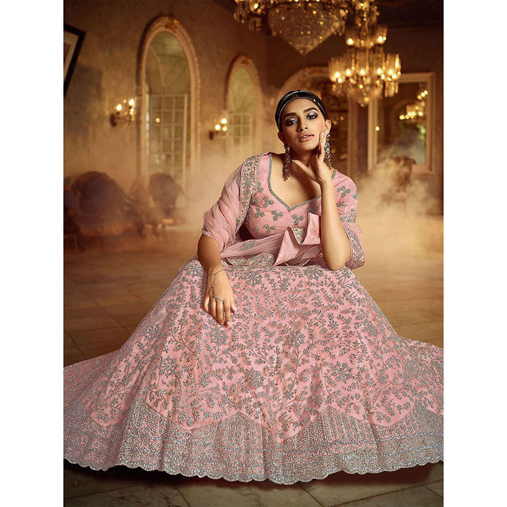 Odette Pink Embroidered Semi Stitched Lehenga with Unstitched Blouse (Set of 3)