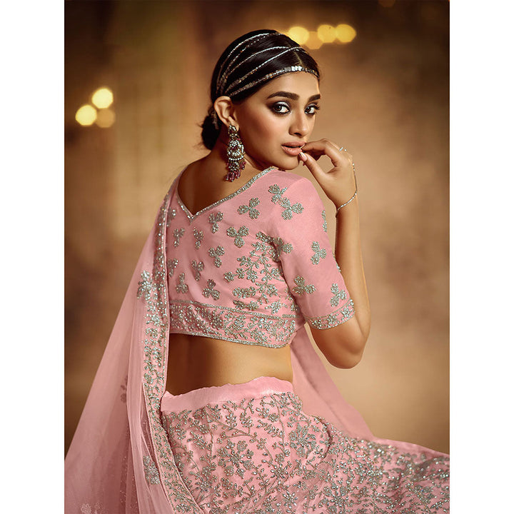 Odette Pink Embroidered Semi Stitched Lehenga with Unstitched Blouse (Set of 3)