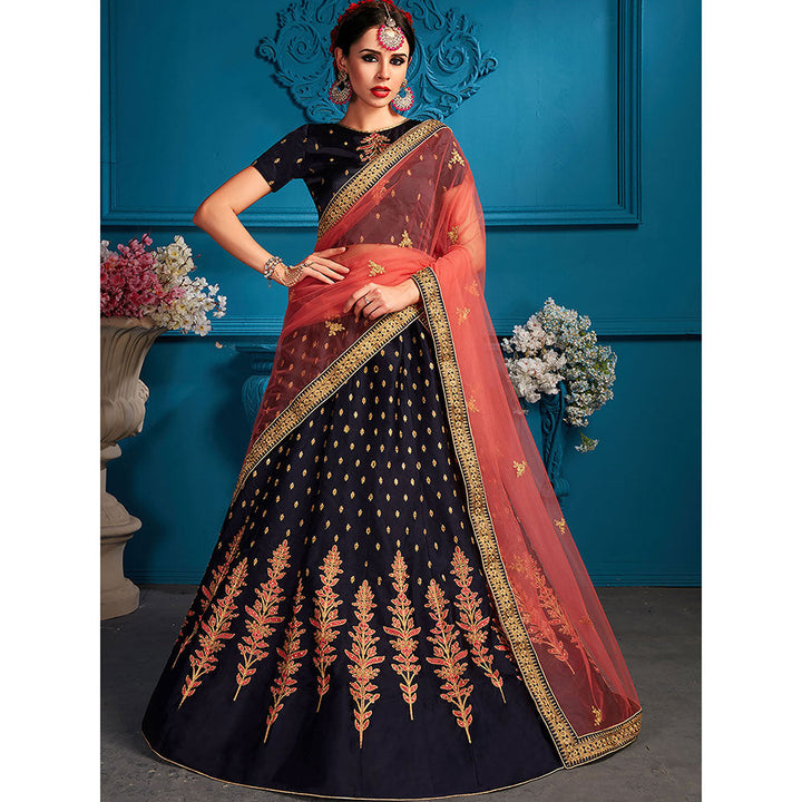 Odette Dark Blue Sequins Semi Stitched Lehenga with Unstitched Blouse (Set of 3)