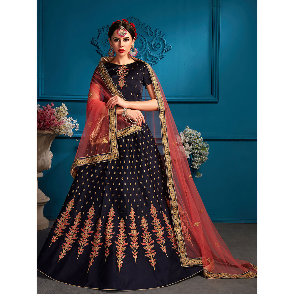 Odette Dark Blue Sequins Semi Stitched Lehenga with Unstitched Blouse (Set of 3)