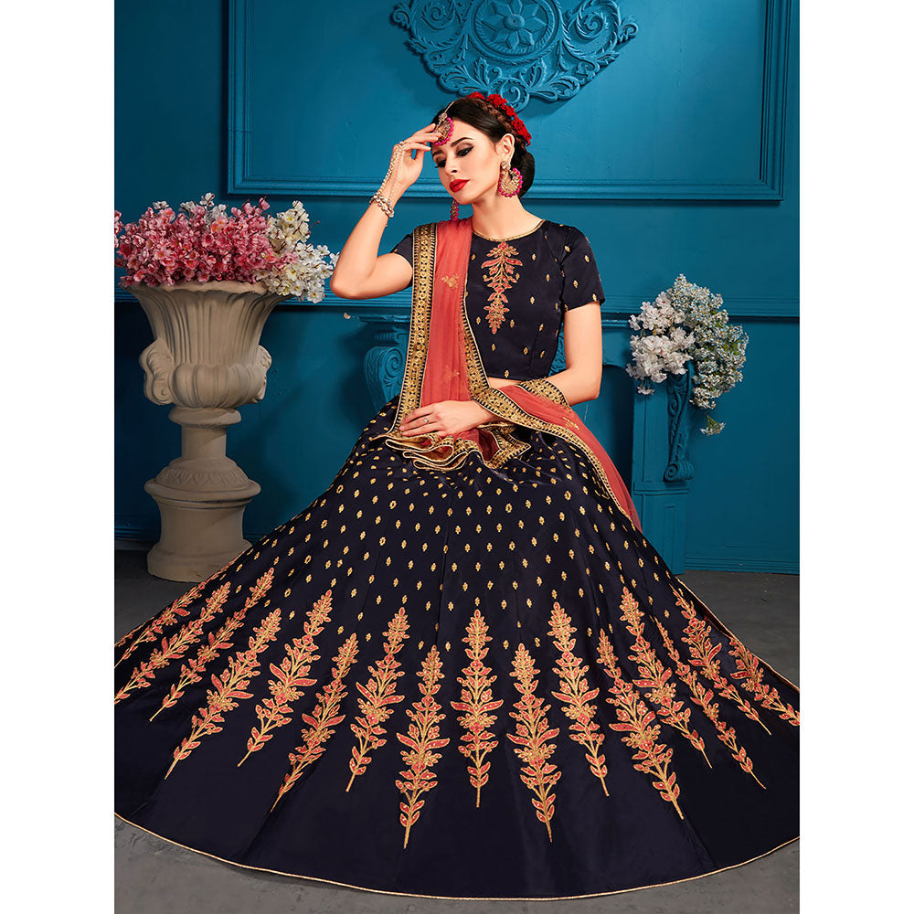 Odette Dark Blue Sequins Semi Stitched Lehenga with Unstitched Blouse (Set of 3)