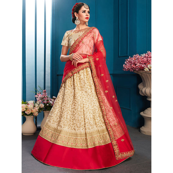 Odette Beige Designer Semi Stitched Lehenga with Unstitched Blouse (Set of 3)