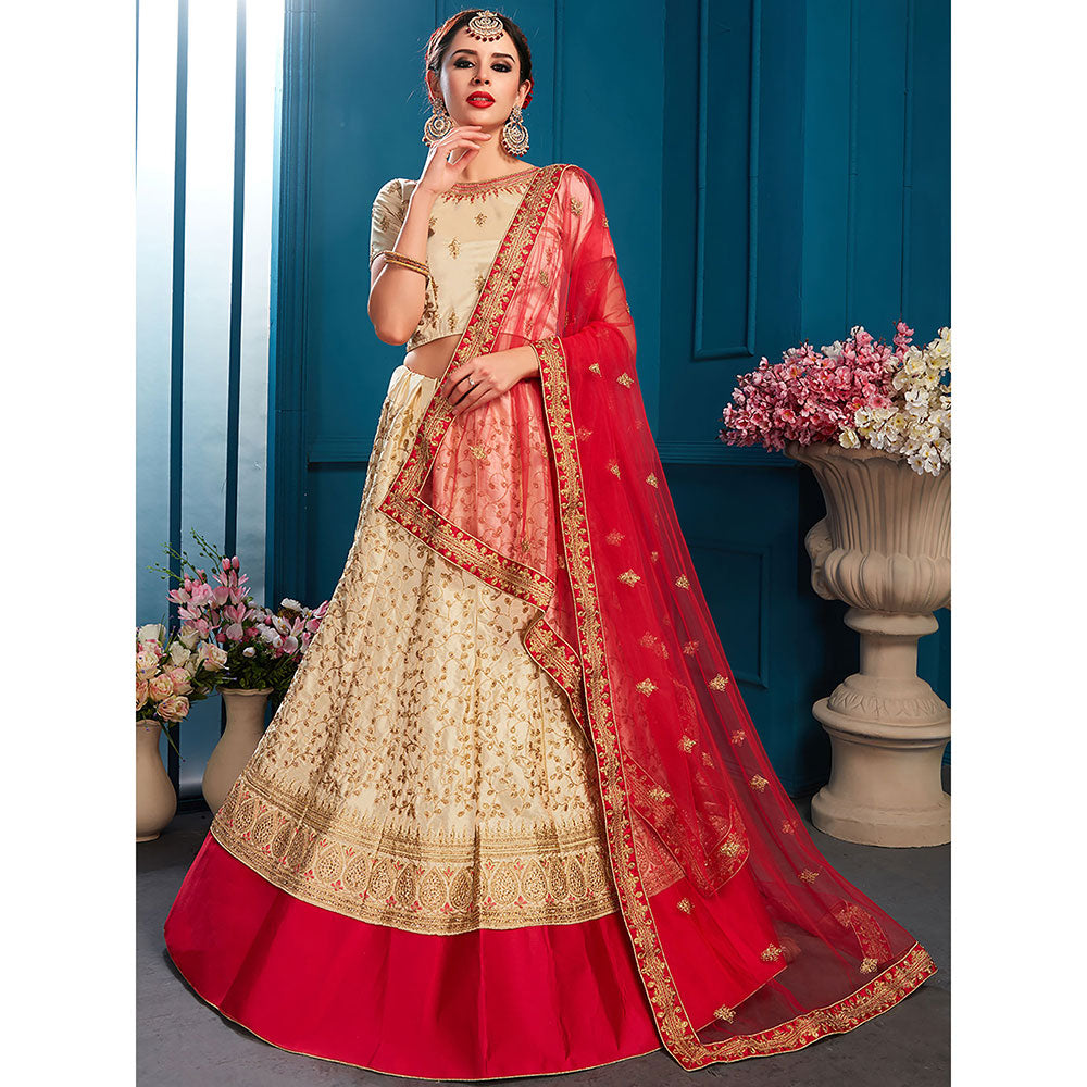 Odette Beige Designer Semi Stitched Lehenga with Unstitched Blouse (Set of 3)