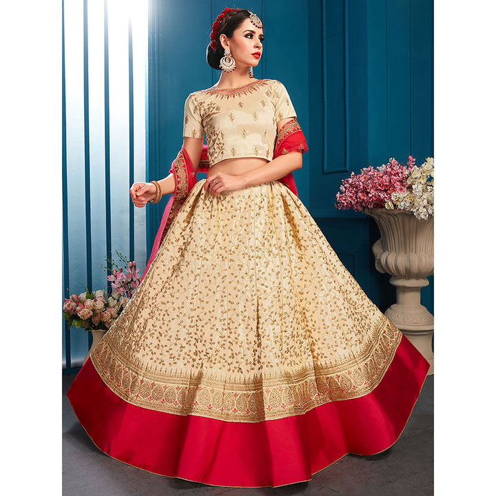 Odette Beige Designer Semi Stitched Lehenga with Unstitched Blouse (Set of 3)