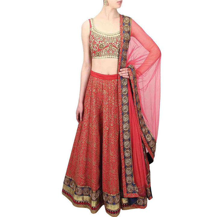 Odette Red Embroidered Art Silk Semi Stitched Lehenga with Unstitched Blouse (Set of 3)